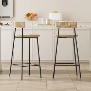 Hand Woven Bar Stools with Back Set of 2 Paper Rope Round Barstools with Footrest for Kitchen Island & Dining Rooms