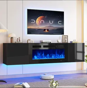 【2 Packages Shipping】Aoxun 70" Floating TV Stand with 36" Electric Fireplace, Wall Mounted Fireplace Entertainment Center with Storage, Fire Place TV Console for Living Room, All Black, Modern Tv Stand, Drawers Tv Stand Farmhouse Tv Cabinet Tv Shelf