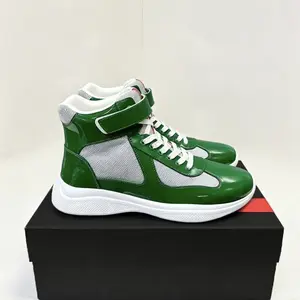 2026 trendy runway shoes Americas Cup High Top Cowhide trainers size 35-47 Men's And Women's designer matte leather and patent leather color blocked silver mesh casual ankle boots