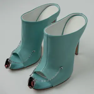 Calabria Magical Blue Heels with Custom Chain Detail and Amytheist Crystal 115mm Leather Heel True Size Italian Craftsmanship