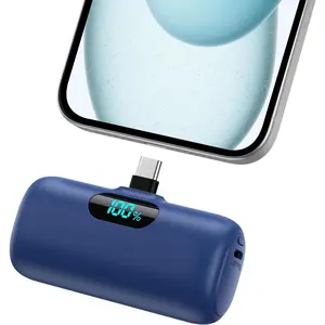 Mini Portable Charger USB C Power Bank,Upgraded 5000mAh PD Fast Charging Battery Pack Built-in USB-C Connector,LCD Display,Compatible with iPhone16,16 Plus,16Pro/Max/15,iPad Pro/Air (Dark Blue)