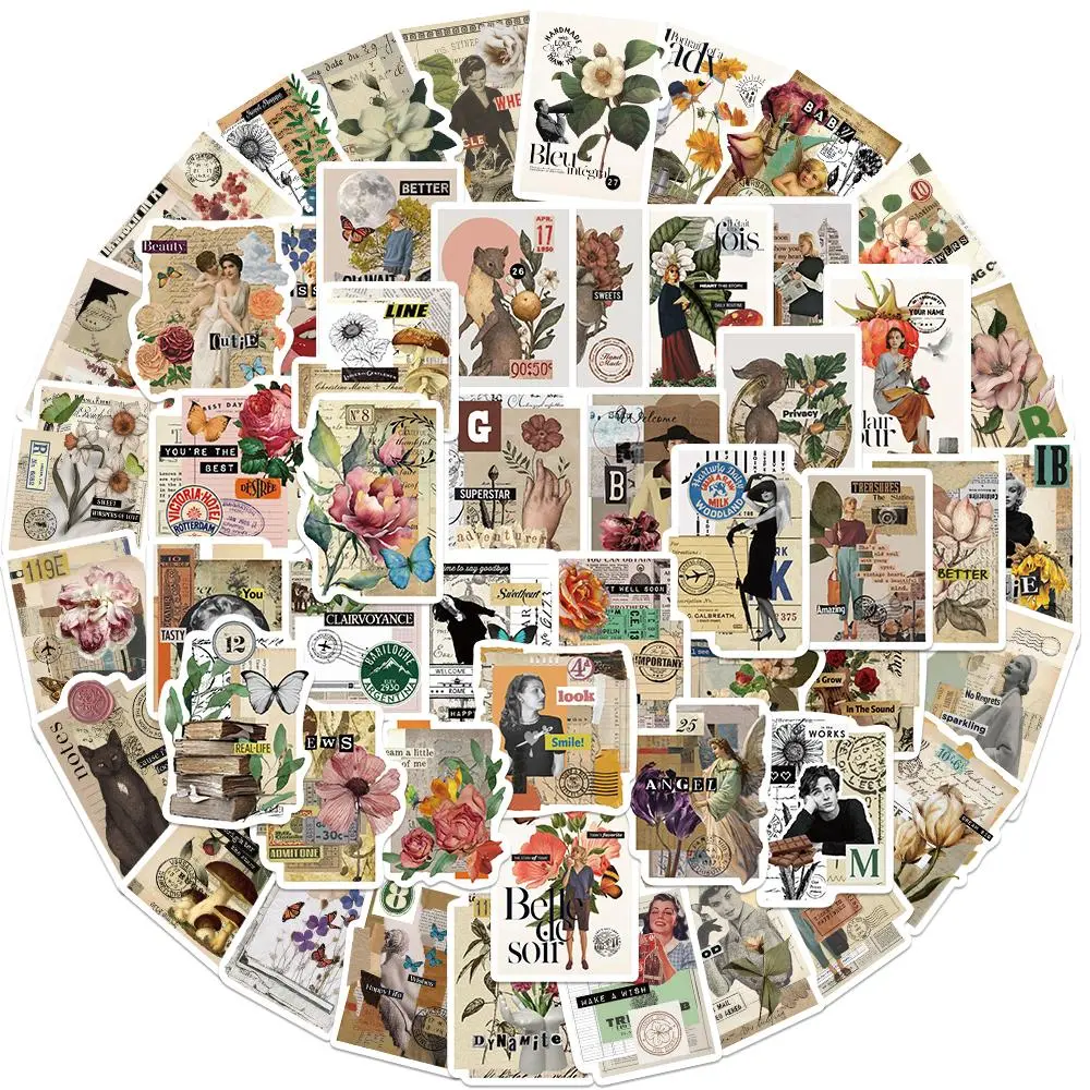 Vintage Flower Stamp Pattern Sticker, 53/1060pcs Retro Scrapbook Sticker, DIY Decorative Sticker for Phone Case, Water Bottle, Laptop, Guitar, Ornaments