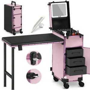 Pink Rolling Portable Manicure Table With 3 Drawers, Mirror & Nail Polish Organizer, Lockable Makeup Train Case With Foldable Nail Desk, Cosmetic Travel Case For Workstation Mobile, Nail Tech