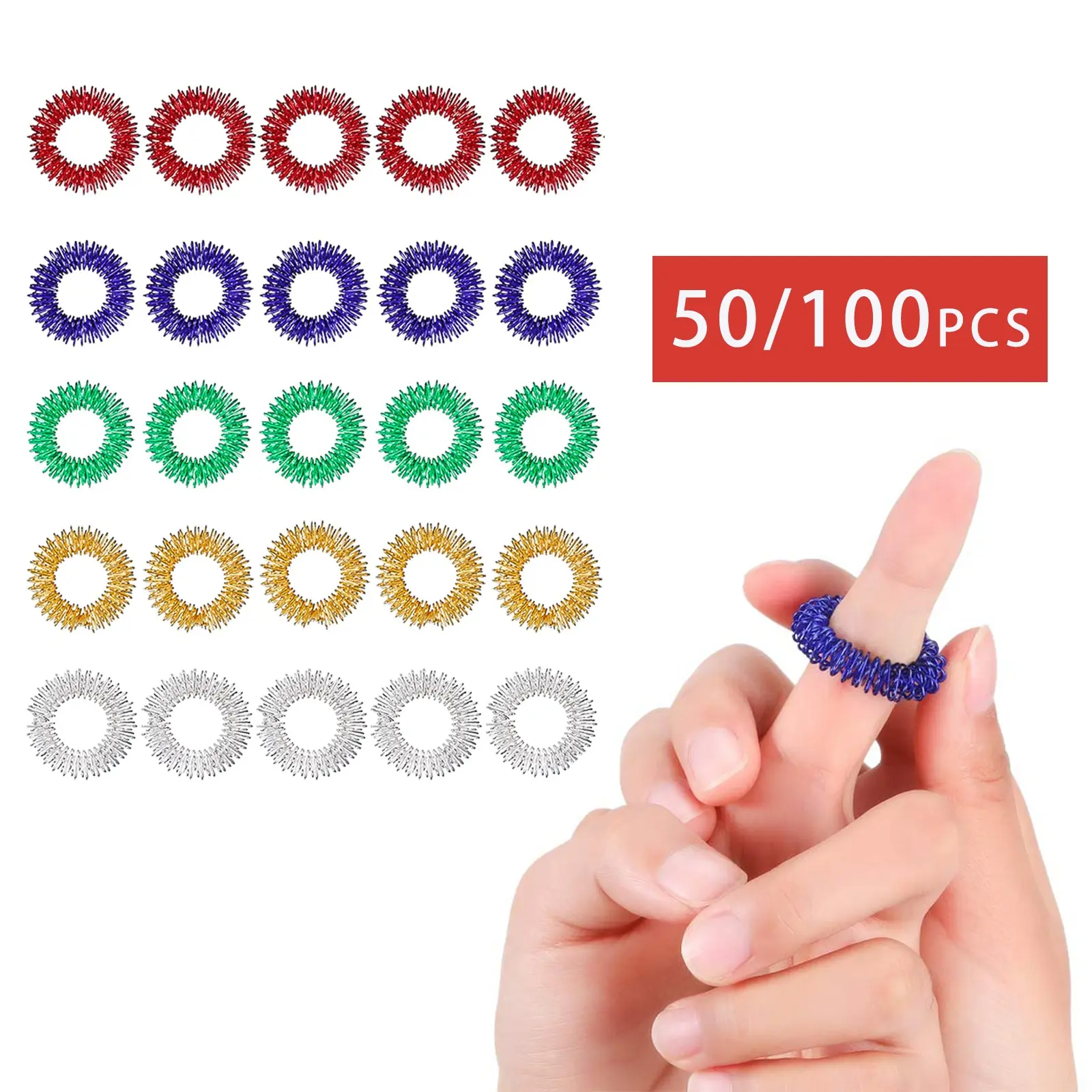 50/100pcs Acupressure Rings Spiky Sensory Finger Rings, Spiky Finger Ring Acupressure Ring Set for Teens, Adults, Silent Stress Reducer, Stress Relief Tool and Massager Finger Massage Relax Tool