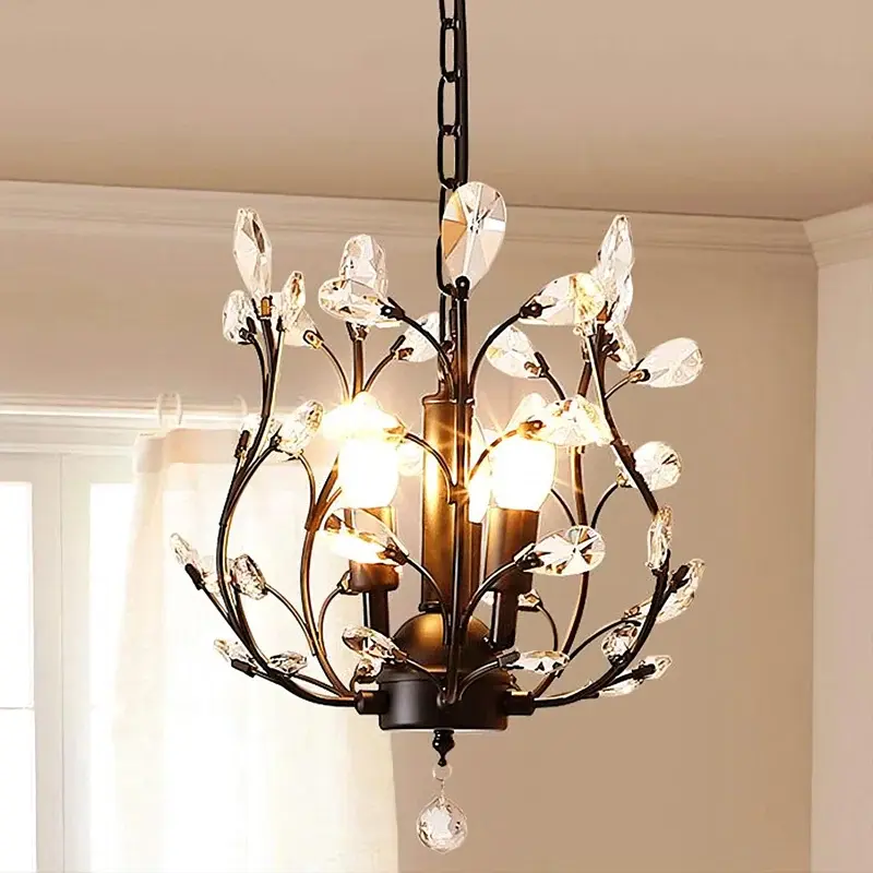 Garwarm Vintage K9 Clear Crystal Chandeliers Ceiling Lights, 3 Lights Crystal Pendant Lighting, Ceiling Light Fixtures for Living Room Bedroom Restaurant Porch (Black)