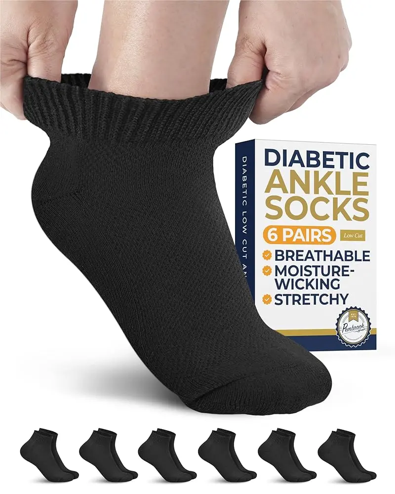 Pembrook Black Low-Cut Diabetic Socks for Men, Fashionable Smooth-Fit Mesh Socks with Moisture-Wicking, Breathable Ankle Design, Stretch, Menswear