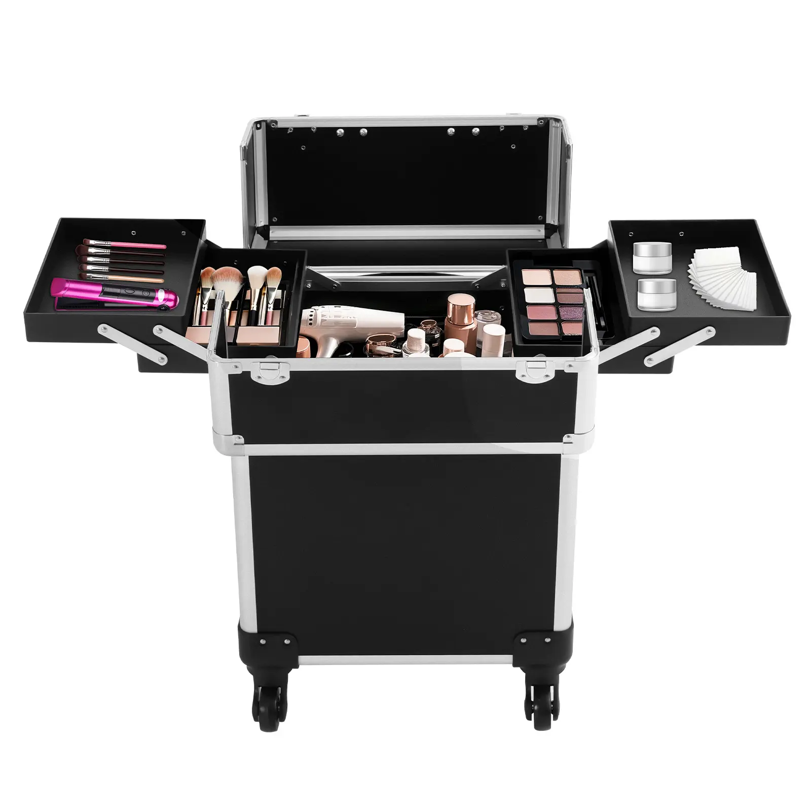 Rolling Makeup Travel Case with 4 Expandable Compartments, Aluminum Alloy & MDF Professional Makeup Case, Beauty Salon Organizer, Retractable Pull Rod & Removable Wheels, Lockable for Travel, Makeup Artist, Hair Stylist Cosmetic Trolley Box