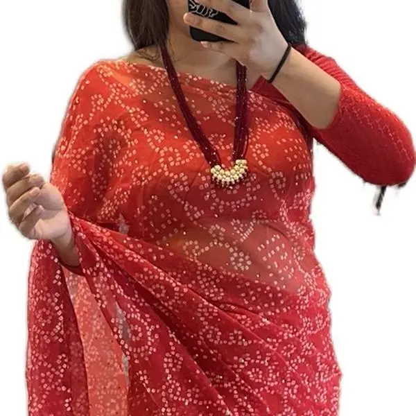 Women's Traditional Lightweight Georgette Saree - Formal, Elegant, with Chunari Print, Falls, Picco Details, Matching 1-Piece Costume & Accessories