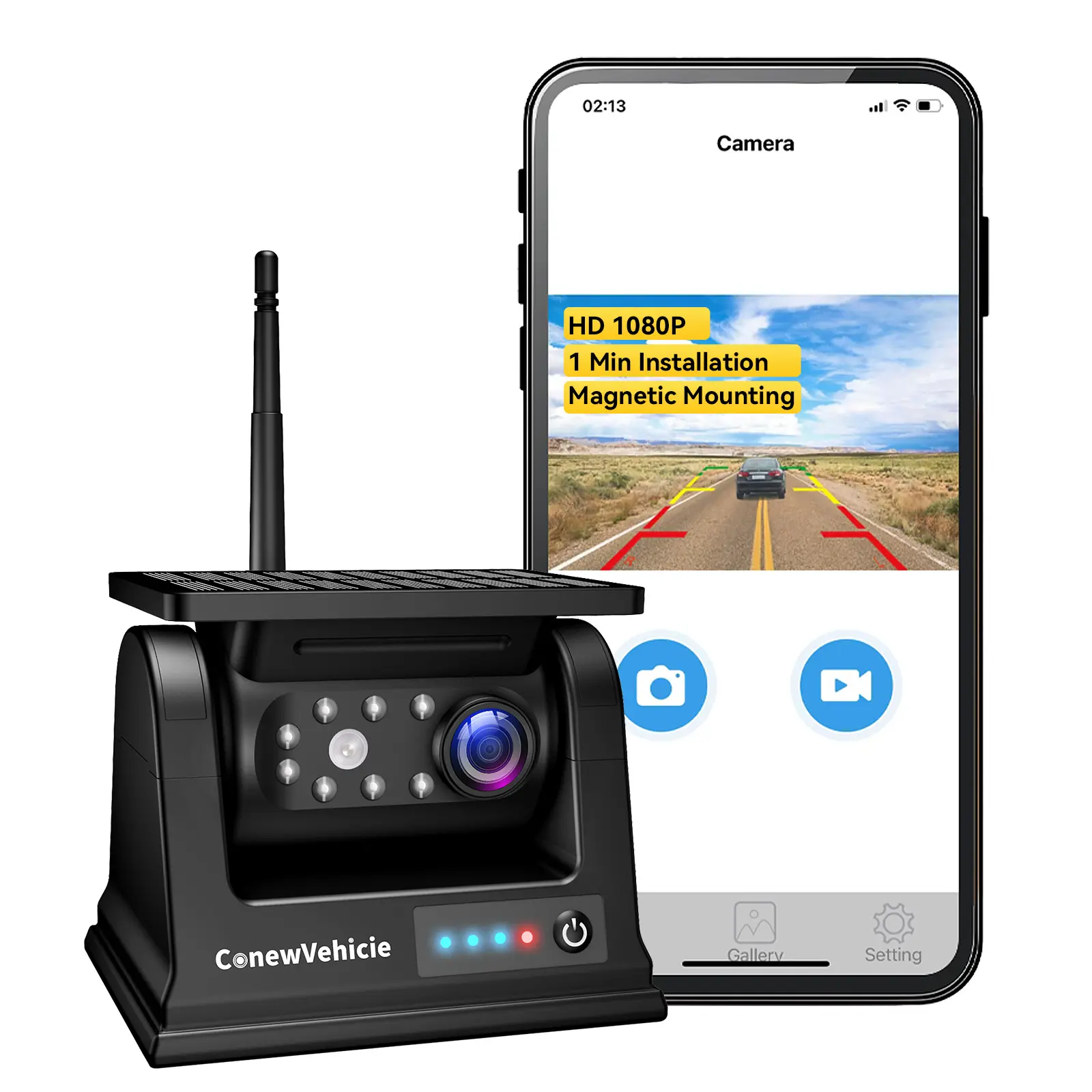 ConewVehicle Solar Magnetic WiFi Backup Camera with 9600mAh Rechargeable Battery, Lens, Mount, Easy Installation, Fast Charging, Night Vision, Waterproof, Easy Hitching for iPhone iPad Android, Travel Safety for Trucks RVs