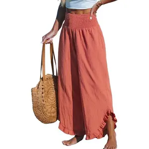 Women Pants Smocked Waist Straight Leg Ruffle Cuffs Loose Fit Pant Casual Beach