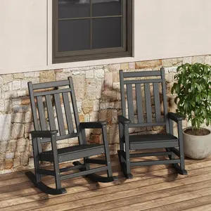 YJ-Garvee Poly Lumber Rocking Chair Outdoor Set of 2，2 chairs - Fauteuil Bercant HDPE High Back Porch Rocker Chairs for Adults - All Weather Resistant Furniture for Patio, Black