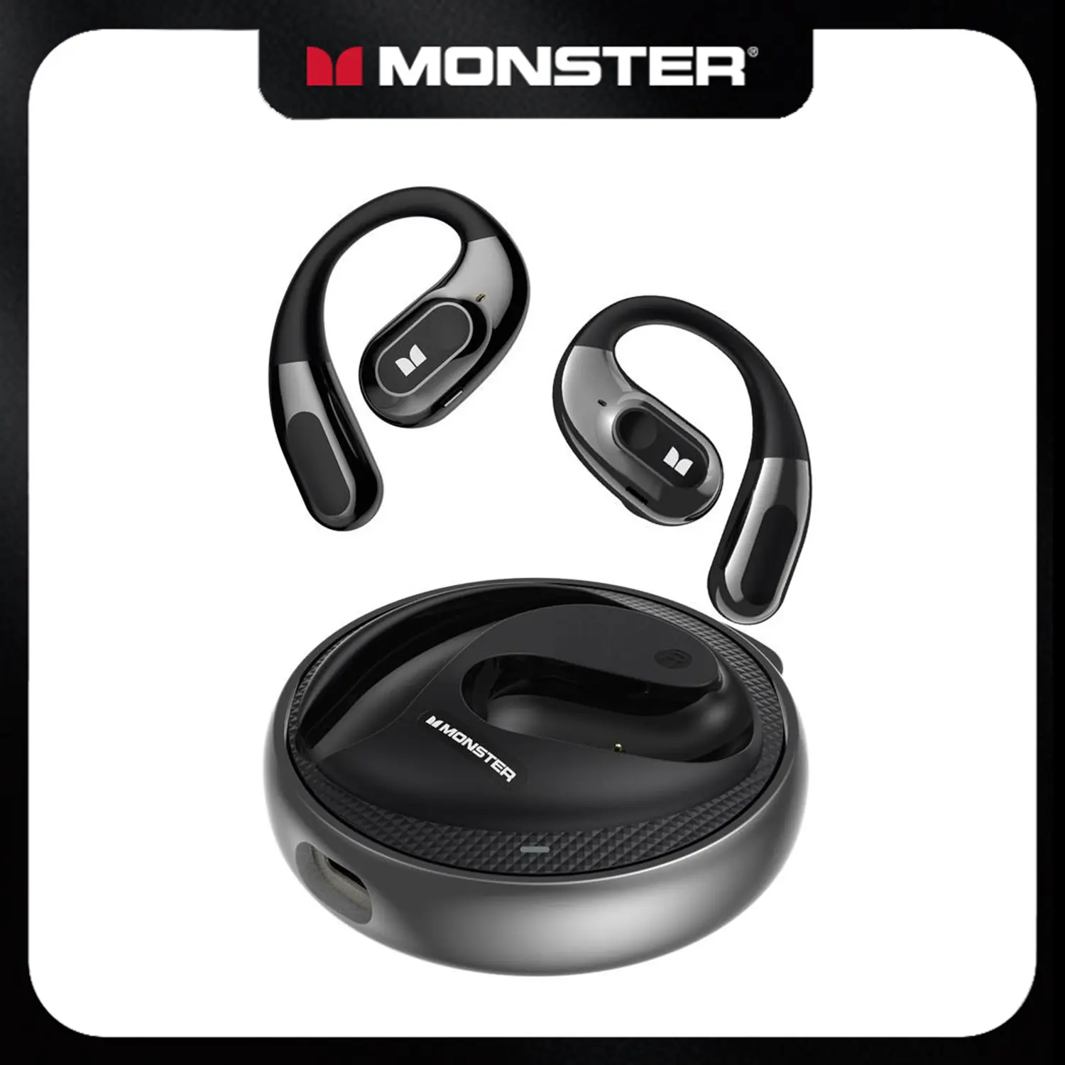 Monster AC330 Open-Ear Wireless Earbuds – Bluetooth 5.4 Headphones with Crystal-Clear Calls, 24H Playtime, Type-C Charging, Stylish Rotating Case with Lanyard, Waterproof, Secure Fit for Sports & Daily Use