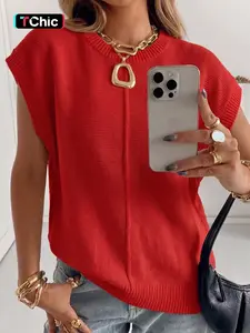 Spring Summer Elegant Versatile Basic Knit Top, French Commute Casual Women's Round Neck Plain Hollow Out Loose T-Shirt, Womenswear