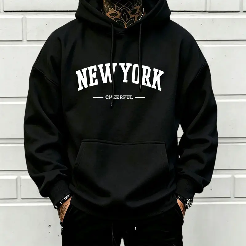 Menswear Long Sleeve Casual Print Tops - NEW YORK Curved Hollow Varsity Hoodie with Lettering, Cheerful Short Phrases, American Retro Campus Style, Unisex Oversized Hooded Sweatshirt