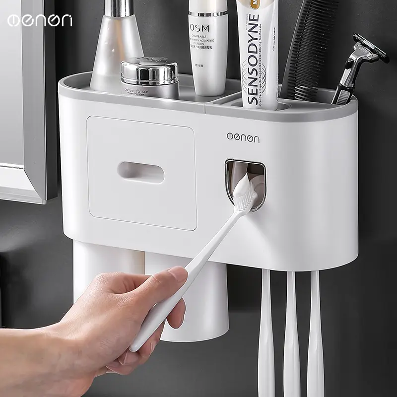 Toothbrush Holders for Bathrooms Wall Mounted, 2 Magnetic  Cups with Toothpaste Dispenser, Large Capacity Tray &  1 Cosmetic Drawer, Easy Install Bathroom Organizer Set Organizing, Bathroom Accessory, Toothbrush Storage