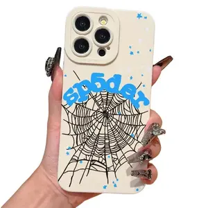 Cute Spider Web Pattern Phone Case for iPhone 17/16/15/14/13/12/11 Series Full Body Shockproof Heavy Duty Protective Cover with Blue Spider Design
