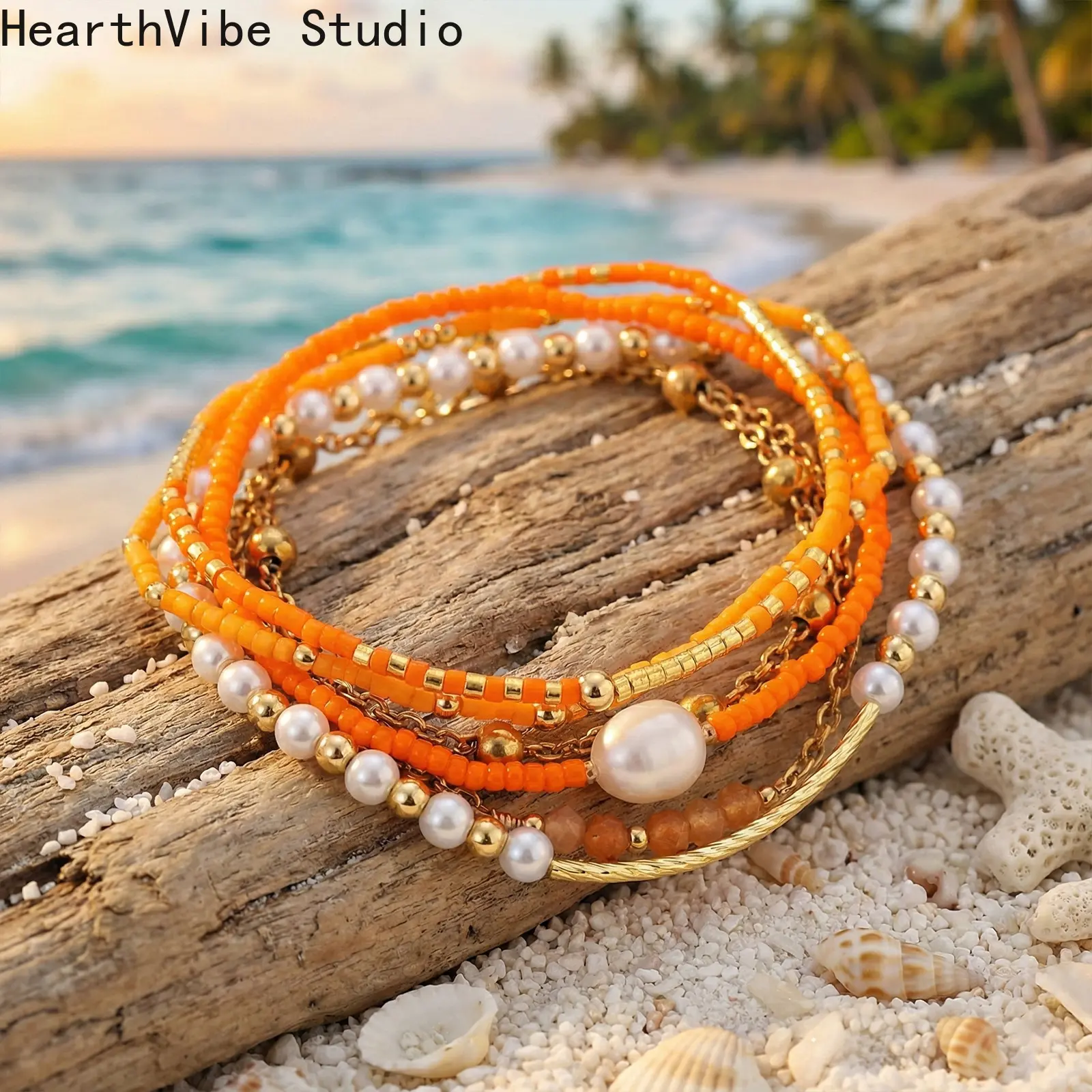 Stackable Orange Seed Bead-High Shine Pearl Beaded Bracelet Set - Light Luxury Niche Elegant Jewelry Bracelet, Sports Outdoor Wristband for Summer Beach