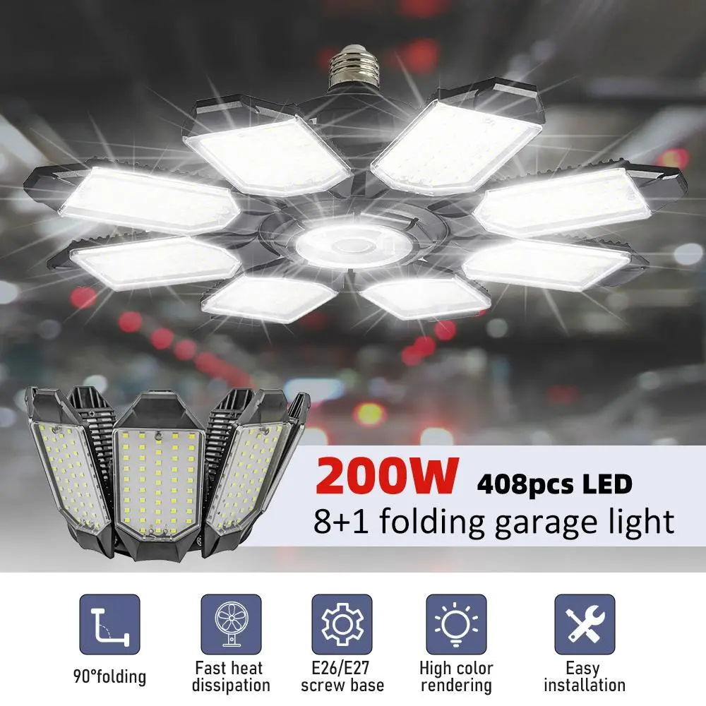 Deformable LED Garage Ceiling Light - E26/E27 Bulb Socket, Adjustable Polycarbonate LED Panel Light, Durable Waterproof, High Lumen Energy Saving Lighting for Home, Warehouse (Adult Use), Foldable Garage Light