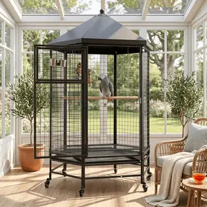 69-Inch Tall Heavy-Duty Steel Aviary Cage - Hexagonal Design with Rolling Base, Stand & Slide-Out Trays, All-Seasons Indoor-Outdoor Cage for Large Breeds (African Greys)