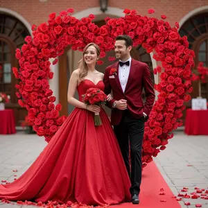 S-A8869 Luxury Red Rose Floral Arrangement Cloth Base Heart-Shaped Arch Props
