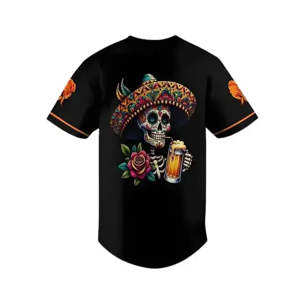 Men's Skull Pattern Baseball Jersey, Mexican Beer Celebration Shirt, Unisex Drinking Tequila Ball Tee, Perfect for Dia De Los Mue, Classic Fitted Design, Ideal for Mexican Beer Celebrations & Dia De Los Muertos Events, Jersey Shirts