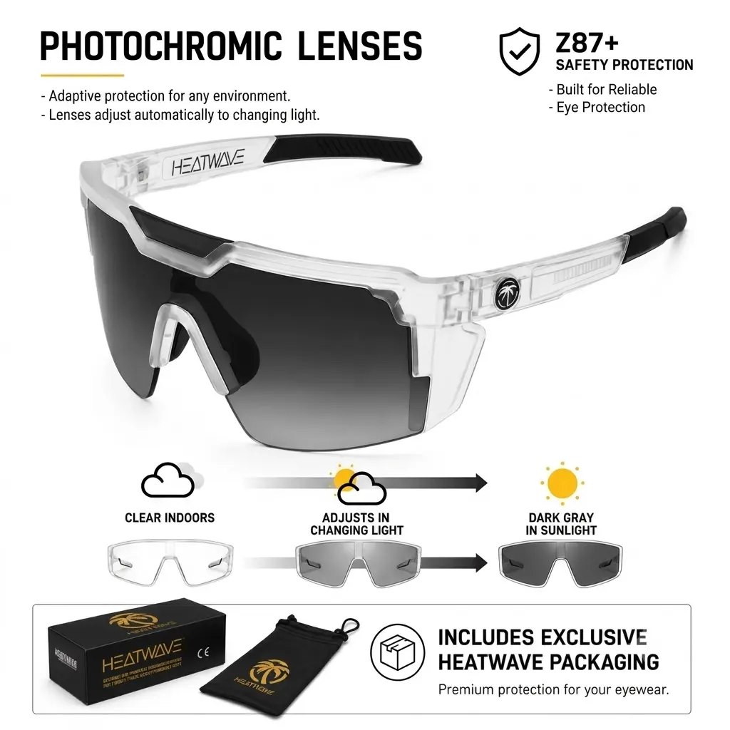 HEATWAVE Shield-X ANSI Z87+ Certified Photochromic Sports Sunglasses, Auto-Tinting Transition Clear to Dark Cycling Glasses vintage uv400 y2k aviator