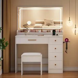 Dressing Table Set with LED Lighted Mirror and Power Outlet Compact 5-Drawer Dressing Table Set with Stool Modern Dressing Table with LED Bulb Lighting and Stool Women's/Girls' Bedroom Dressing Table White
