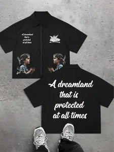 Street Style Zipper Short Sleeve Shirt, Dark Guardian Theme, Angel Portrait & Guardian Slogan Print, Daily Wear, Light Trendy Activities