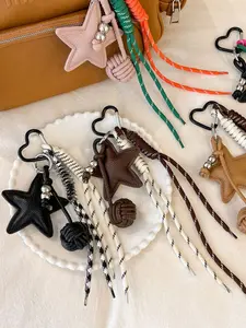 Retro Mix And Match Style Star Pendant - Pu Leather Five Pointed Star Lanyard Keychain, Star Pendant And Colorful Woven Lanyard, Bead And Woven Ball Matching, Perfect Surprise Gift For Valentine's Day, Birthdays And Other Holidays, Keychain Accessories