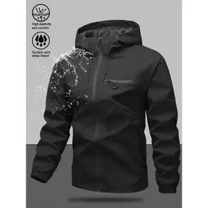 Men's casual hooded chest embellished with large pockets, zippers for windproof and waterproof functionality, comfortable soft shell fabric for sports, lightweight and comfortable outdoor wear, versatile double-sided waterproof zippers, pressed glue techn