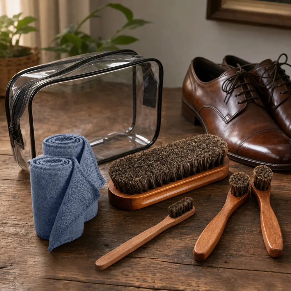 7-Piece Effective Horsehair Shoe Brush Kit with Concave Design, Microfiber Cloth, Polish Dauber Applicators for Shoes, Jackets, Coats Travel Care, Comfortable, Easy To Clean Crevices, Gloves