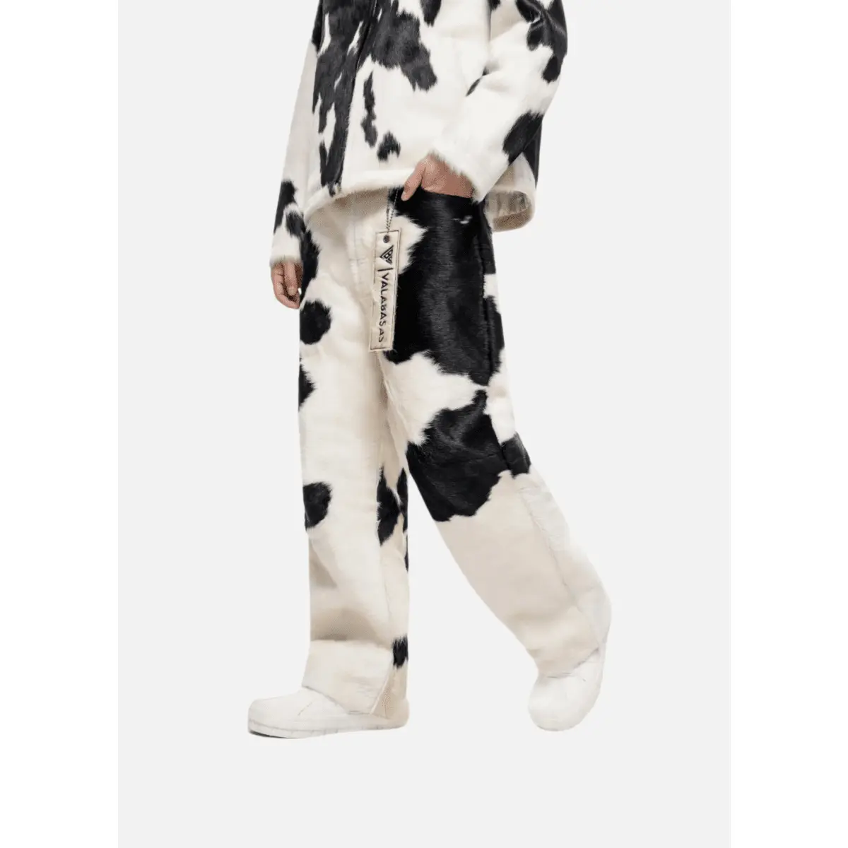 Women's Statement Pants in Black & White Cow Print, 100% Genuine Hair-on Cowhide, Straight Leg Designer Streetwear, Garment, Soft, Matching, Bottom, Breathable, Leather, Hip, Piece, Print Pants, Genuine Cowhide, Hair-On Texture, Animal Print, Loose-Fittin