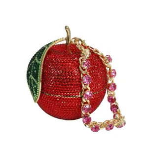 PSBIY Novelty Apple Rhinestone Crystal Evening Bag for Women Glitter Diamond Clutch Purse Prom Party Handbag with Gold Chain