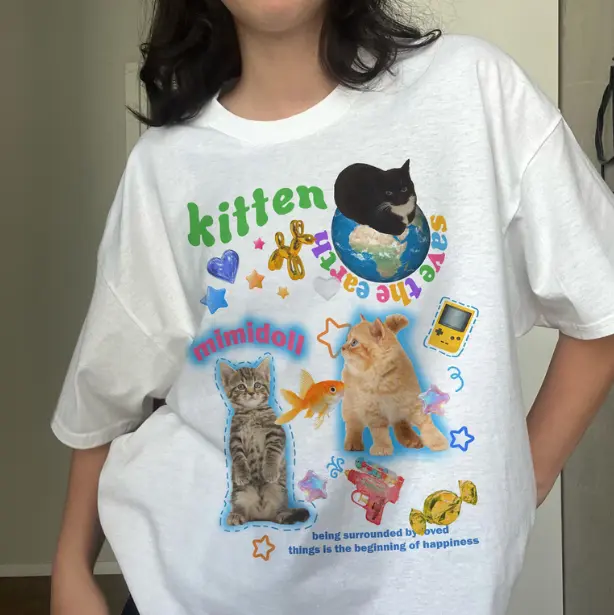 Y2K Fun Silly Cat T-Shirt, 90s Kawaii Kidcore Cat Meme Tee, Unisex Graphic Tees Gothic Grunge Y2k Emo Scene Amity Affliction Style Clothes Men Women Streetwear