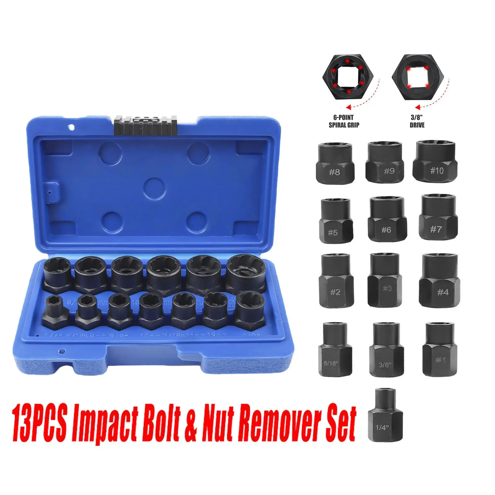 Heavy‑Duty Nut & Bolt Extractor 13‑Piece Kit, Metric 8‑19mm Spiral Sockets, 3/8" Square Drive for Impact Wrench, Corrosion‑Resistant Steel for Auto Enthusiasts, Mechanics and Household DIY Repair