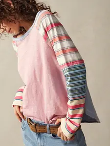 Women's Patchwork Long Sleeve T-Shirt, Vintage Casual Everyday Travel Top, Comfortable Natural Outdoor Wear, Stylish Urban Youth Fashion, Womenswear