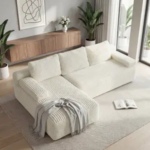 【2 Packages】Costoffs 110″ L-Shaped Boneless Left Seat Corduroy Sofa, 5+ Arrangements Cloud Couch with Anti-Slip Base & 3 Detachable Pillows, 1400lbs Capacity, Pet-Friendly for Apartment Living Room, Compressed Corduroy No Assembly Needed