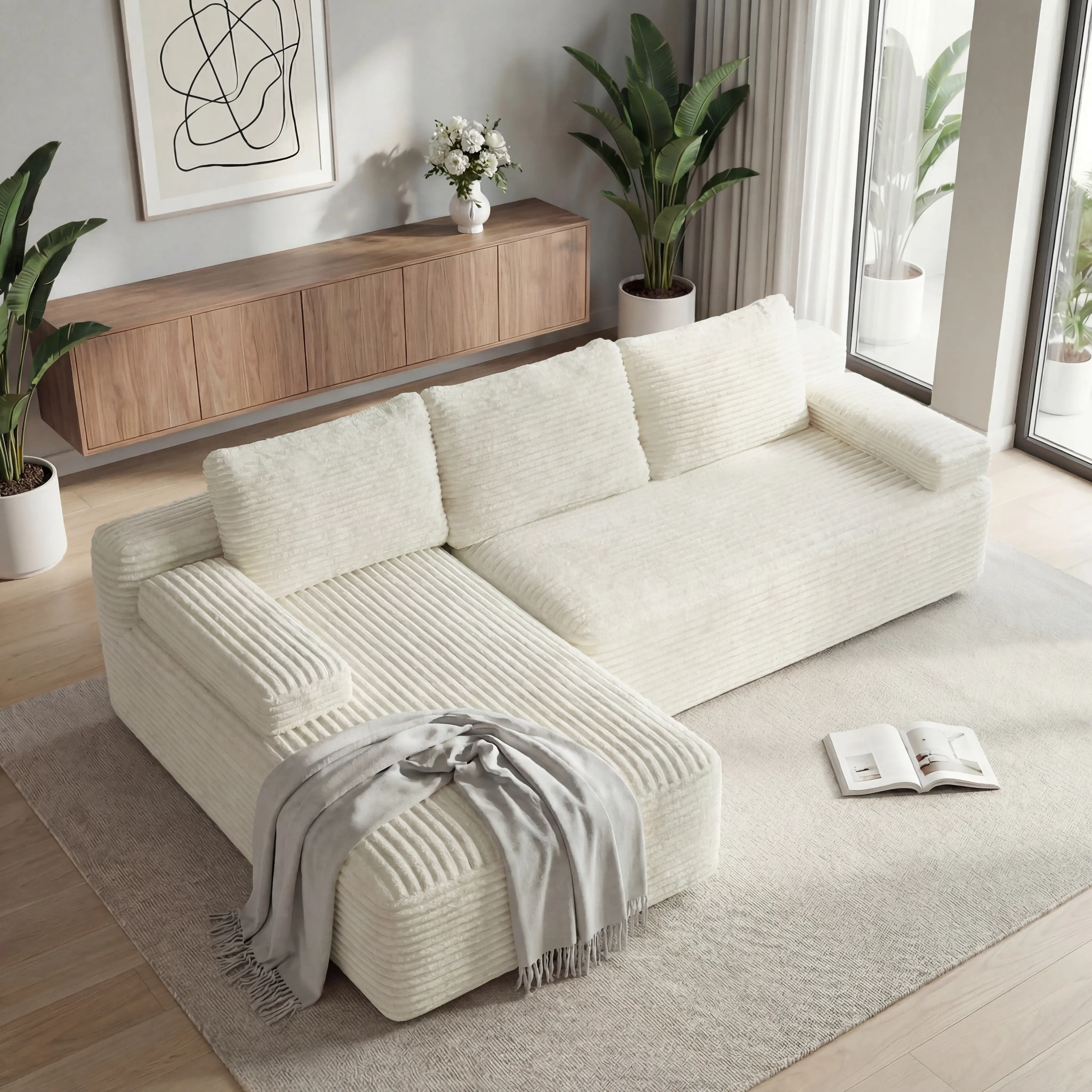 【2 Packages】Costoffs 110″ L-Shaped Boneless Left Seat Corduroy Sofa, 5+ Arrangements Cloud Couch with Anti-Slip Base & 3 Detachable Pillows, 1400lbs Capacity, Pet-Friendly for Apartment Living Room, Compressed Corduroy No Assembly Needed