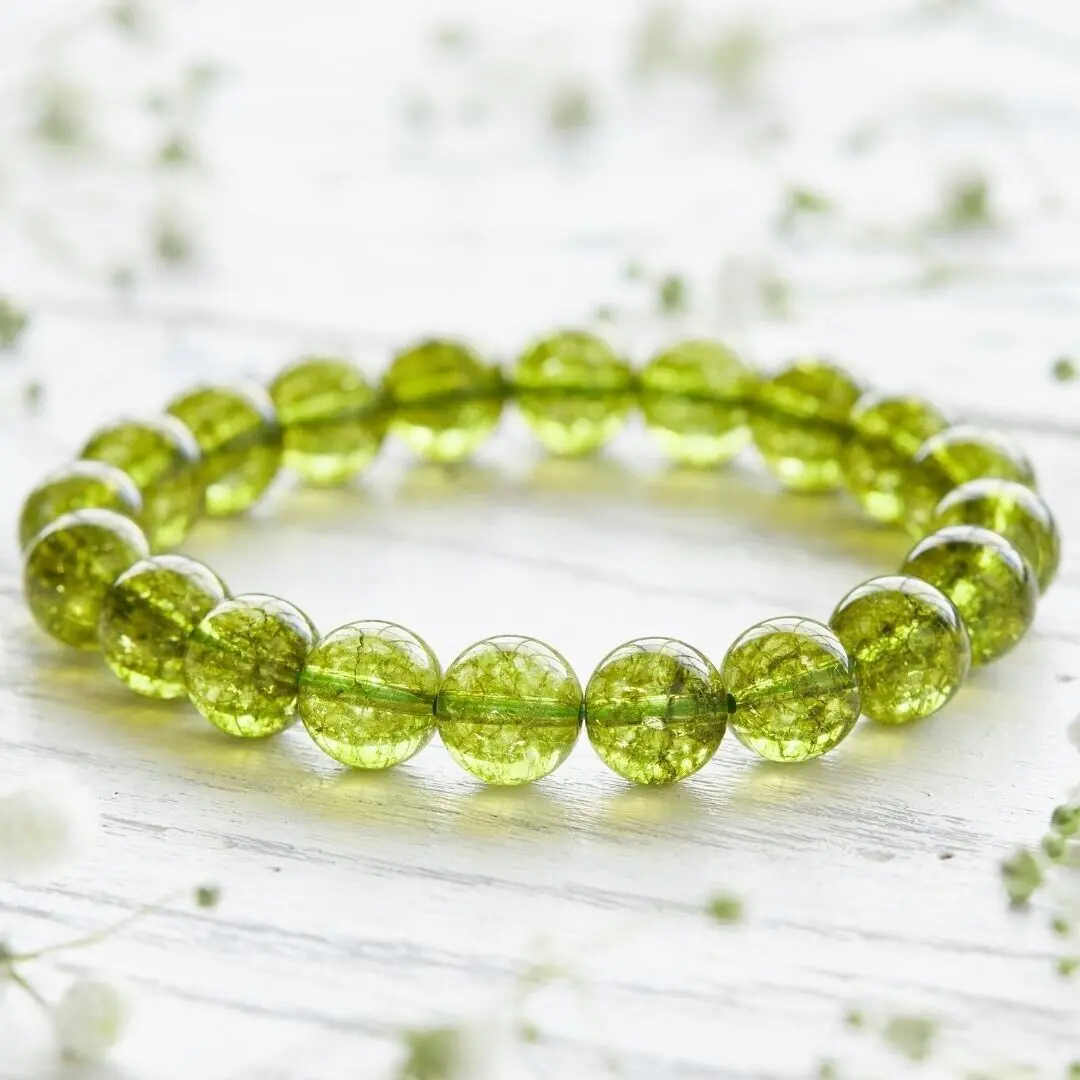 Natural Peridot Bracelet - 8mm Handmade Round Beaded 7in Elastic Semiprecious Stone Jewelry, August Birthstone for Creativity, Birthday Gift, Unisex Adults, Balances Emotions, Calms Anger, Inspires Eloquence, Promotes Relationship Peace & Restful Sleep