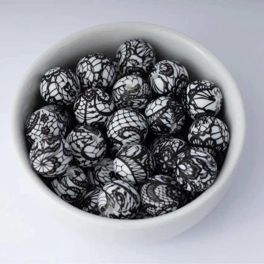 Black Lace Silicone Beads Printed Round Silicone Beads
