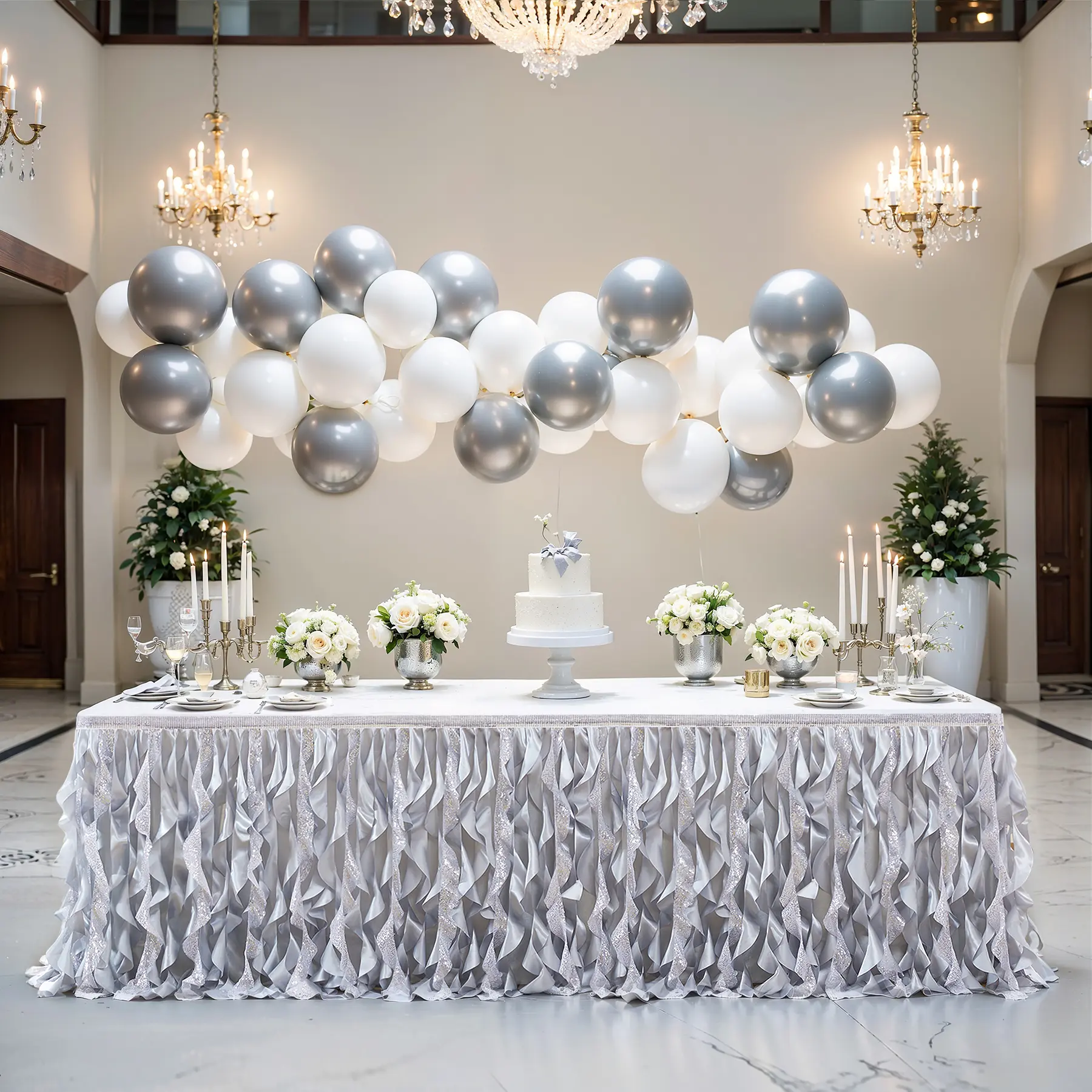 Front-Only 6/9FT Silver Sequin Table Skirt - Curly Willow Ruffles, Easy Hook & Loop, Glittery Tutu Skirting, Sparkling Table Covers, Home & Party Supplies for Wedding, Christmas Decorations, Glittery Table Covers