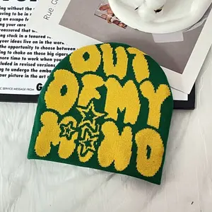 High Quality MY MIND Pattern Funky 100% Acrylic Jacquard Beanie Hat Cuffless Knitted Streetwear Skully Cap for Winter Outdoor Green & Yellow