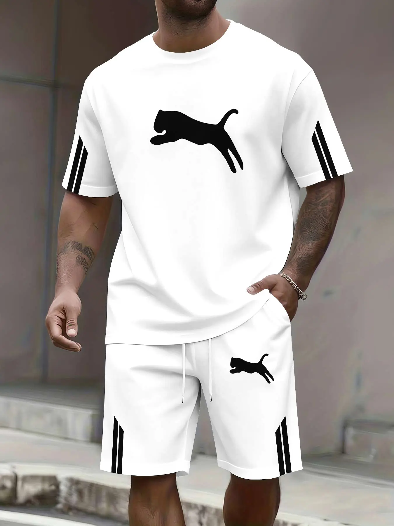 Men's Color-Blocked Summer Sports Set, Short-Sleeve Shirt and Shorts, Athleisure Street Fit, Casual Running Outfit, Printed Two-Piece, Breathable Casual Wear, Athleisure Sportswear, Athleisure Gym Clothes, Short Sleeves Set, Trendy Sports Wear