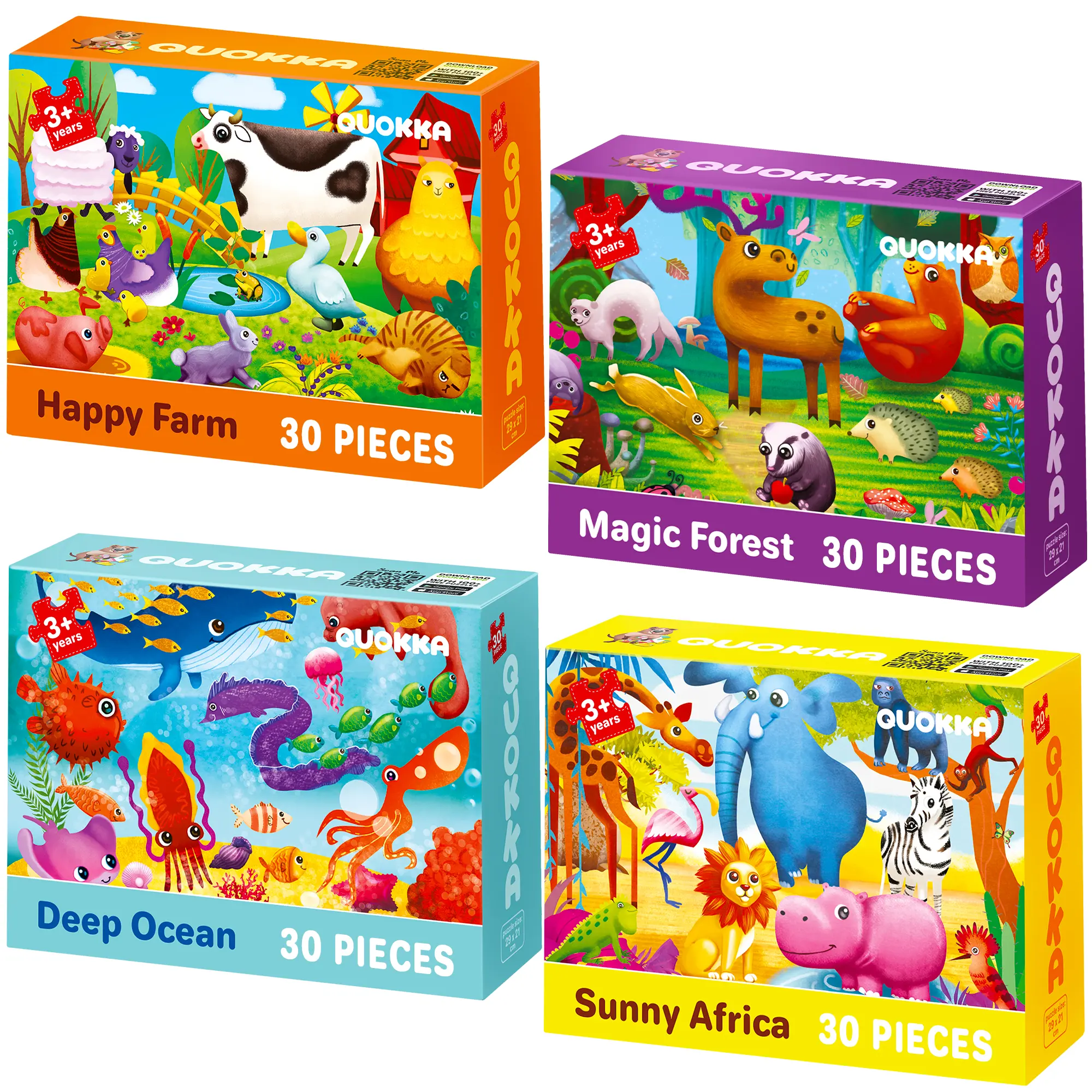 QUOKKA Cardboard Animal Jigsaw Puzzles Set - 4 Forest/Ocean/Africa Wildlife-Themed Puzzles, 30 Pieces Each, Bright Scenes for 4-6 Year-Olds, Cardboard Crafts, Toddler Learning Activities, Observation & Problem-Solving Builder