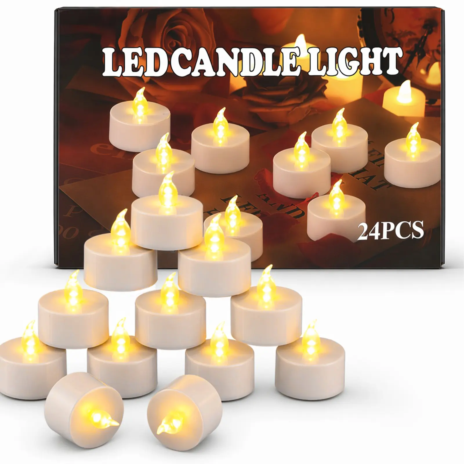 24-Pack Battery-Operated Flickering Flameless LED Tea Light Candles, Safe No-Fire-Risk LED-Powered Candle Lights for Indoor Wedding Table Decor, Suitable for Any Occasion (Batteries Not Included Implied for Clarity)