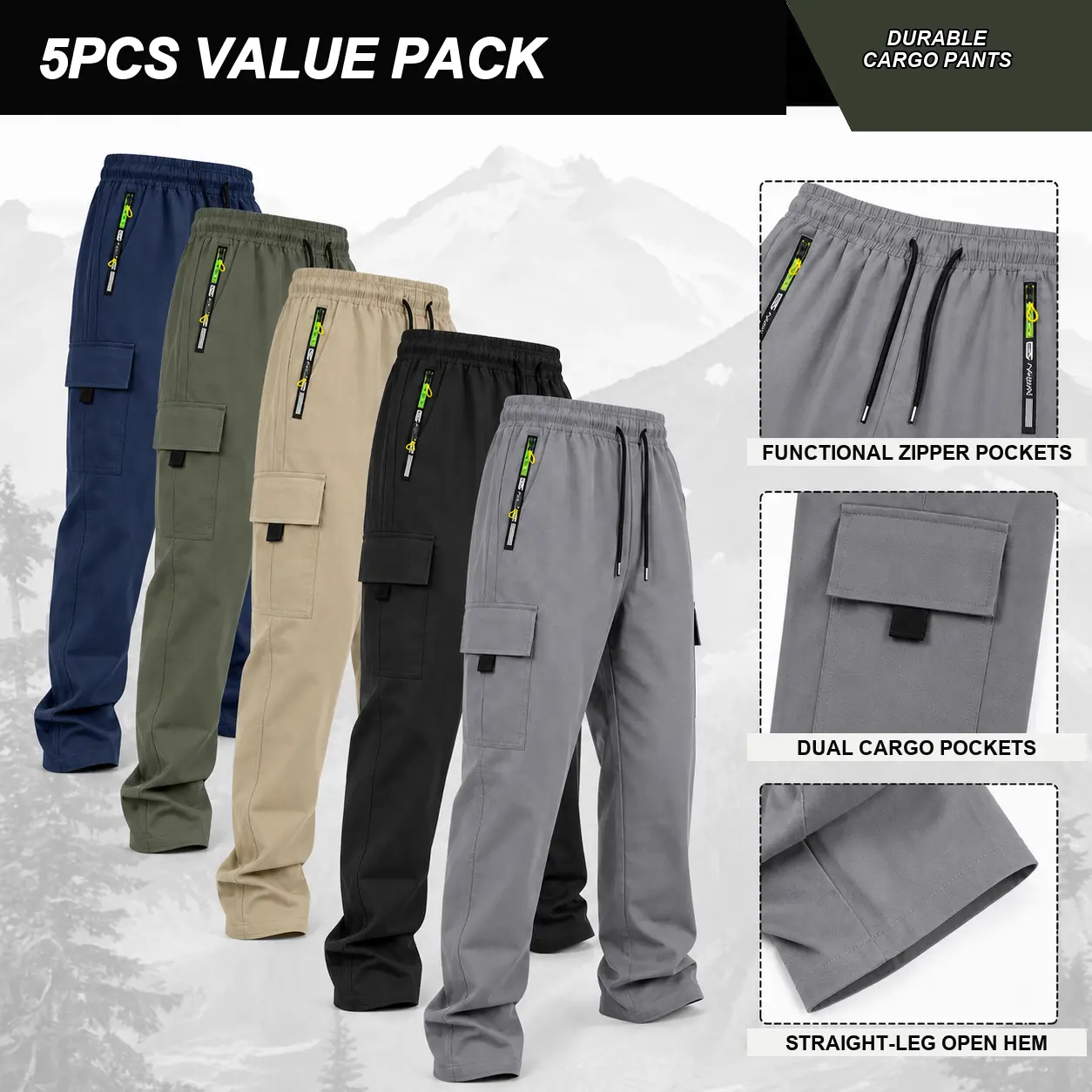 5-Pack Men’s Cargo Pants — Lightweight, breathable fabric with medium stretch, elastic waistband design, straight-leg cut with multiple pockets — Solid-color outdoor casual sports pants