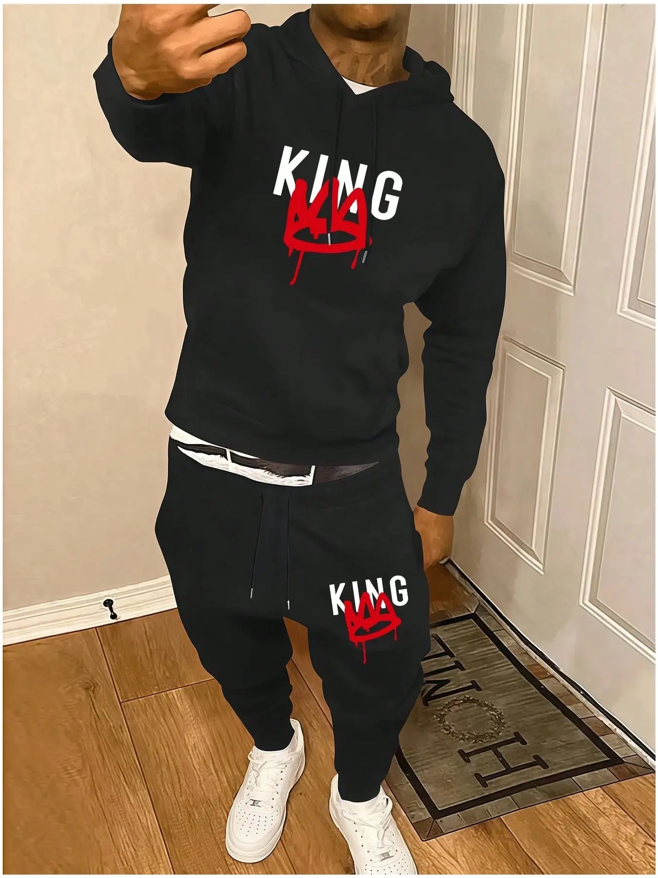 Urban King Crown Graphic Print Hoodie & Joggers Pants Set | Men's Streetwear 2-Piece Tracksuit | Premium Black Fleece Sweatsuit Menswear for Couples Gift & Daily OOTD | Modern Street Style Essential