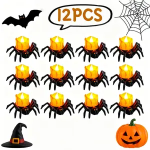 12 PCS Halloween Tea Lights Candles, Battery Operated Halloween's Flameless LED Candles, Spider Tealights Spooky Electric Flickering Fake Candle for Halloween Party Decorations