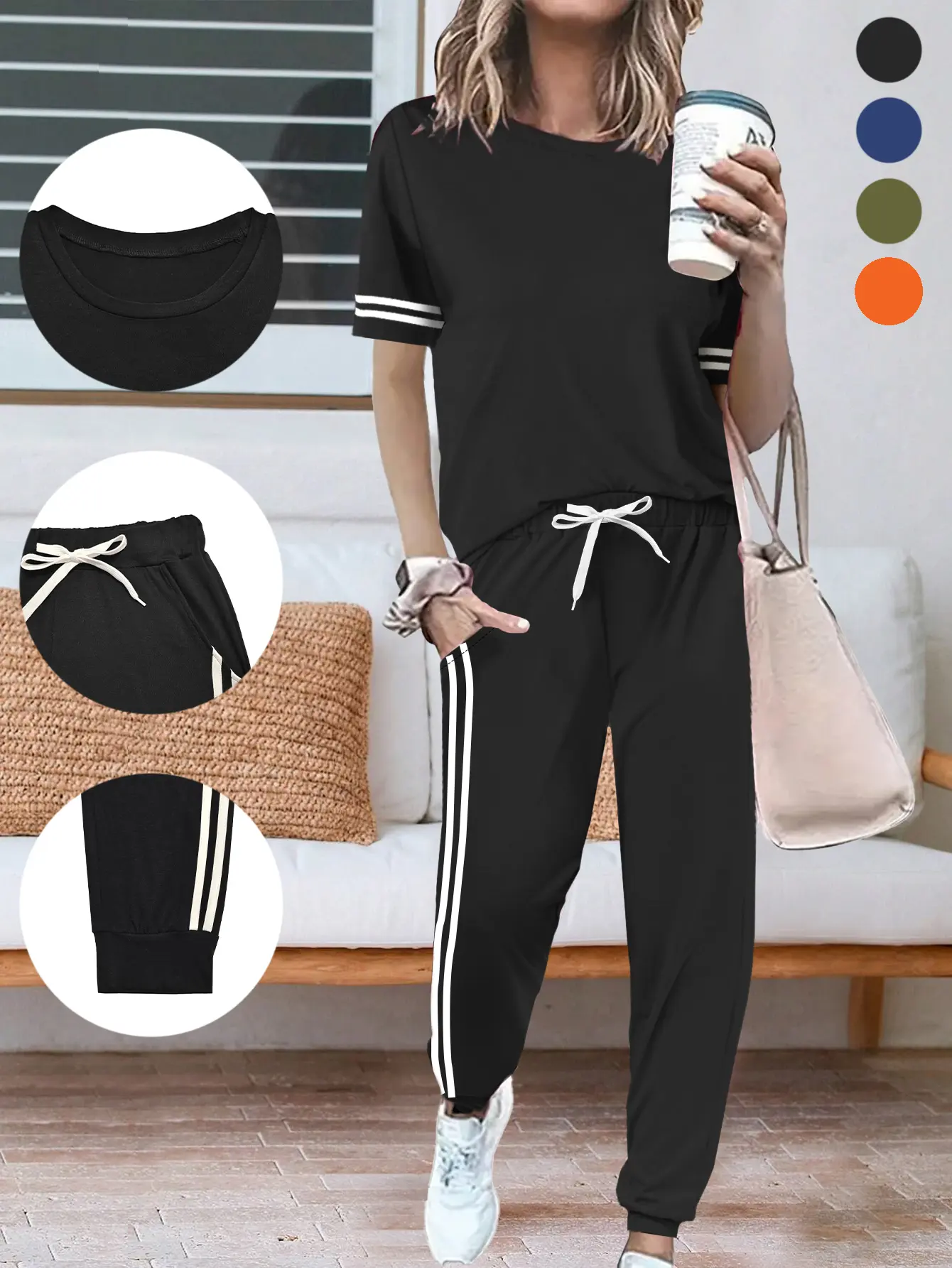 Women’s summer set featuring a classic striped design—homewear casual activewear set, basic summer style, yoga sportswear set suitable for all seasons.
