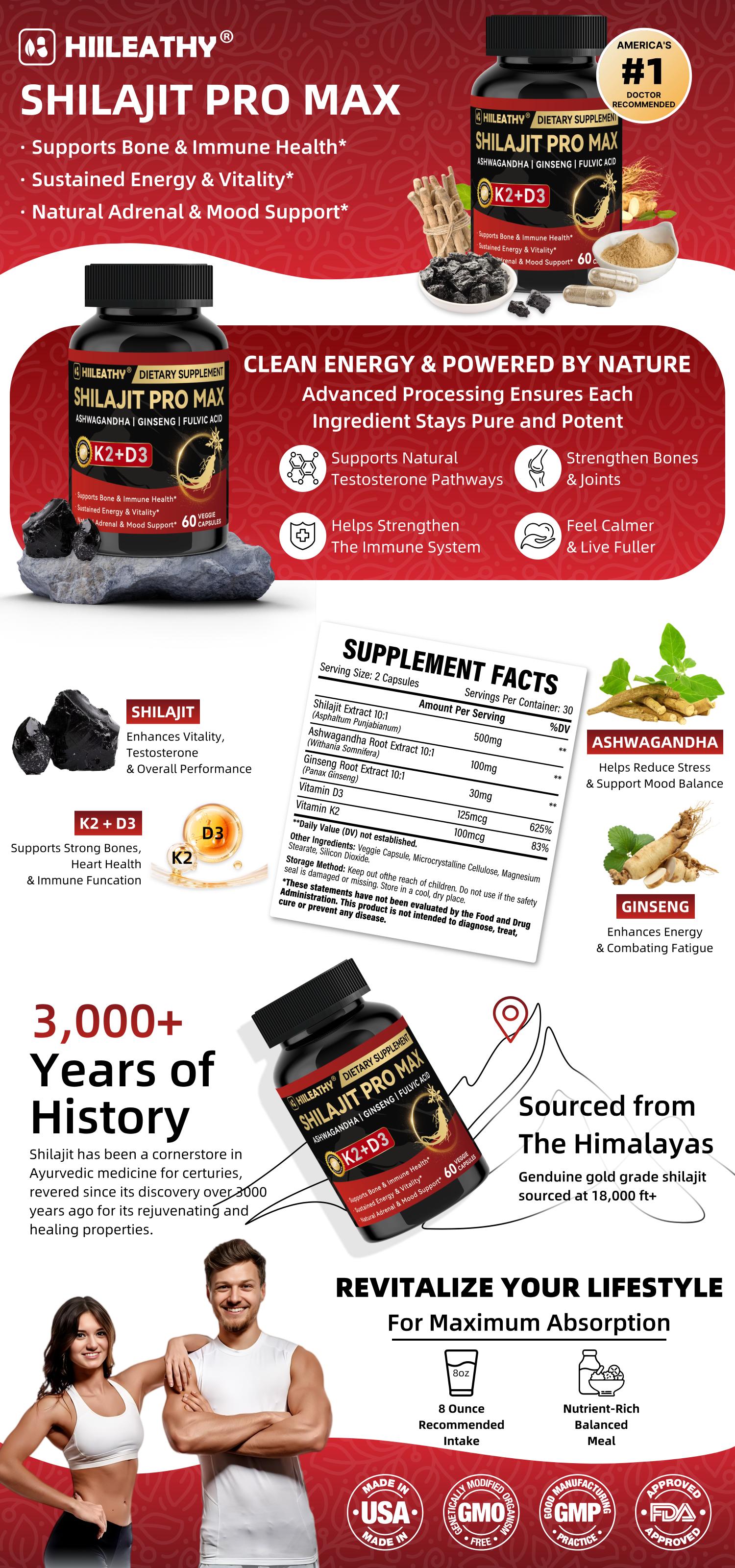 HIILEATHY | Shilajit Pro Max【Bundle & Save】 — Himalayan Shilajit with Fulvic Acid & 84+ Trace Minerals, Panax Ginseng Root, Ashwagandha Root Extract, Vitamin K2 (& D3 — 60 Capsules — USA Made